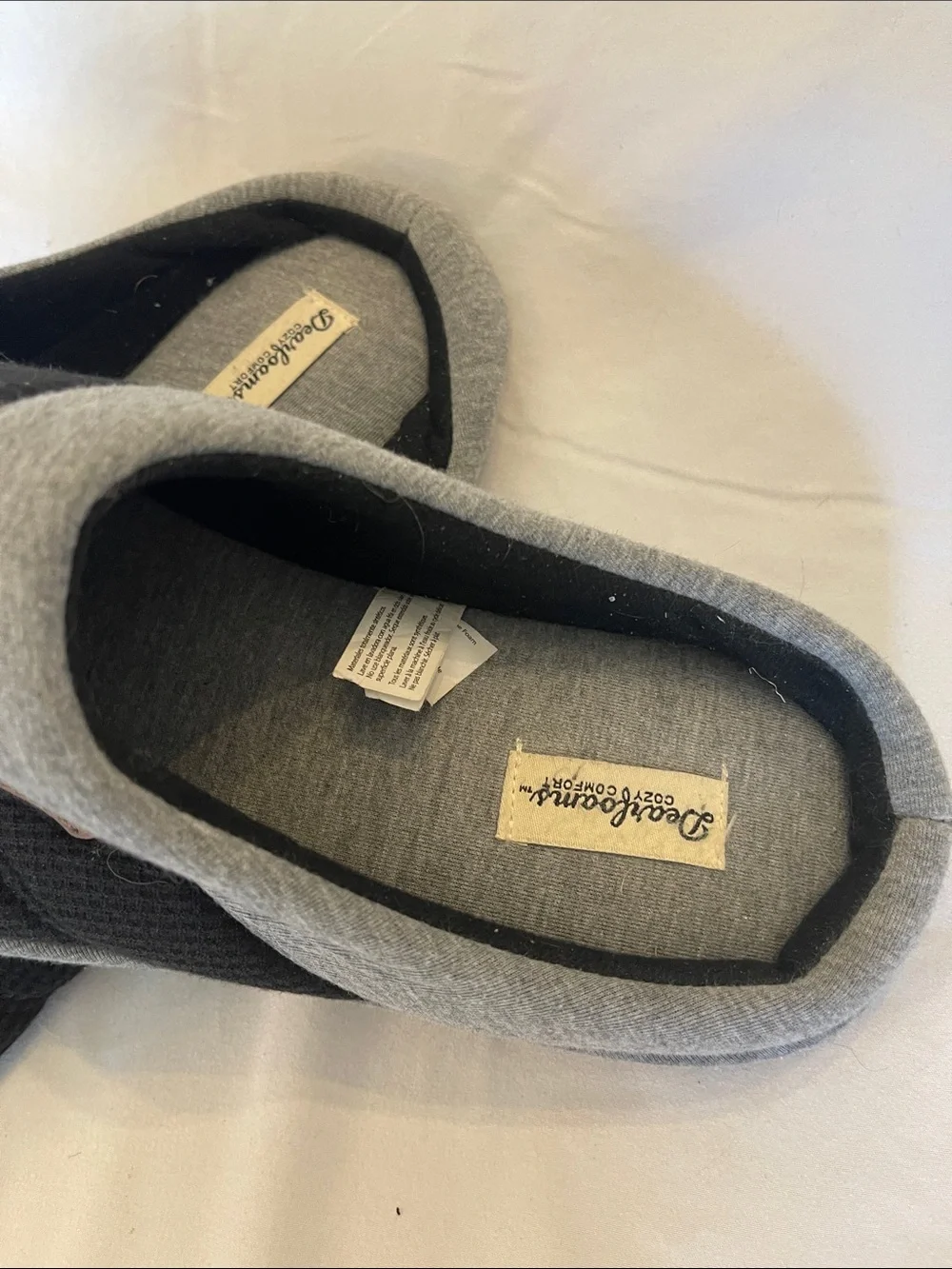 Men's Black Slip-On Quilted House Shoes with Grey Trim dearfoams